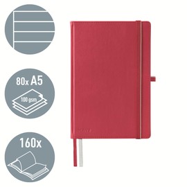 Leitz Leitz Complete Qualitäts-Notizbuch A5 liniert, 160 Seiten, 80 Blatt, Hardcover mit hochwertigem Einband, 100 g/m² Papier FSC zertifiziert, Verschluss, Lesezeichen, Stiftschlaufe, Tasche, Rot, 44780025