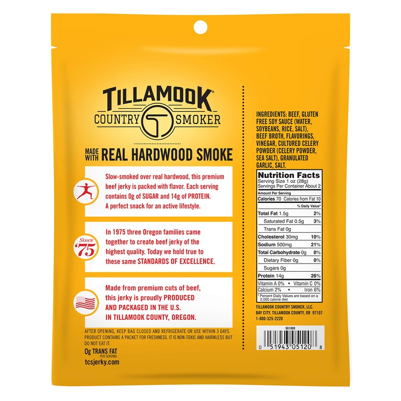 Tillamook Country Smoker Zero Sugar Keto Friendly Beef Jerky, Original,