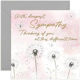 With Deepest Sympathy Greeting Cards - Light Pink Dandelion and Butterfly Artwork - Classical Design for Him or Her - Sorry for Your Loss, Thinking of You, Bereavement and Condolences Gift