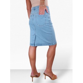 Womens Knee Length Stretch Denim Skirt Ladies 5 Pocket Jeans Pencil Skirt Bleach Pale Blue 10-22 (16)