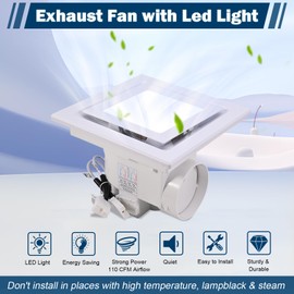 FEITON Square Bathroom Exhaust Fan with LED Light, Adjustable Color Temperature(3000K/4500K/6000K), 110 CFM 30W 4 Inch Duct, 110-220V 1.0 Sones Quiet Bathroom Ventilation Fan Light Combo Ceiling Mount