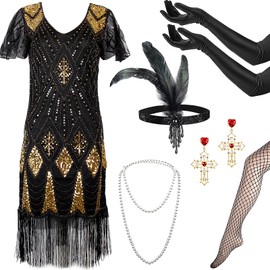 Okabay 1920s Flapper Dress & Accessories Set for Women, Great Gatsby Fringed Sequin Costume with Gloves/Socks/Headband/Jewellery for Roaring 20s Party (Blackgold, L)