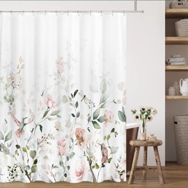 Tititex Aesthetic Blooming White Floral Shower Curtain Sets, Watercolor Pink Flowers Birds Butterflies Tropical Bathroom Decorative 71 X 78 Inch Polyester Waterproof Fabric Bath Curtain with Hooks