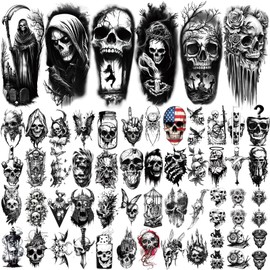 77 Sheets Temporary Tattoo, 17 Sheets Half Arm Skull Flower Fake Tattoos for Adults Men Women Chest Neck, 60 Sheets Tiny Waterproof Realistic Skeleton Temporary Tattoos for Boys and Girls Party Favors