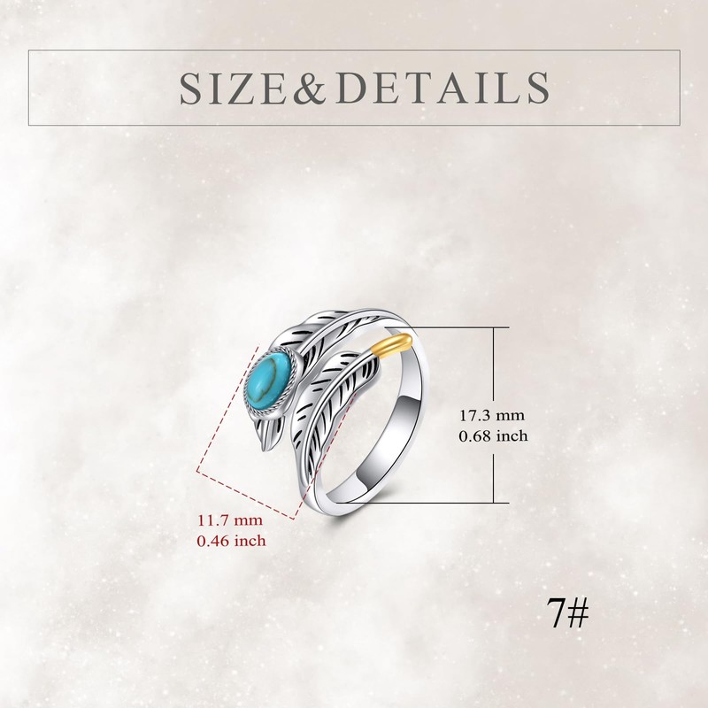 925 Sterling Silver Ring Feather Ring Turquoise Rings Adjustable Feather