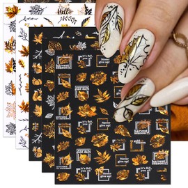 IDDFEVE Fall Nail Art Stickers, Thanksgiving Day Golden White Nail Decals, 3D Autumn Self-Adhesive Maple for DIY Nail Supplies Decoration (9 Sheets)