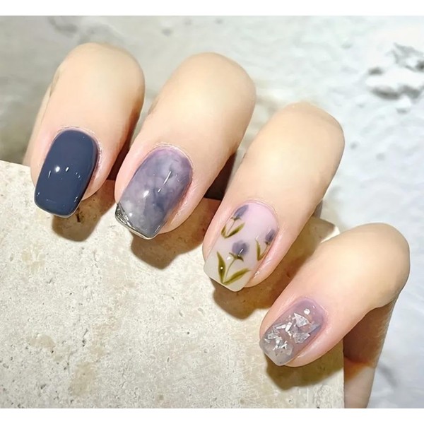 Press On Nails, Square Short False Nails with Tulip Pattern,