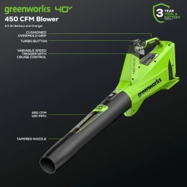 Greenworks 40V Cordless Leaf Blower 450CFM 120MPH w/ 4Ah Battery and 2A Charger
