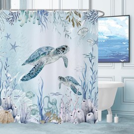 Caheansi Sea Turtle Shower Curtain, Teal Blue Ocean Beach Coastal Turtle Starfish Jellyfish Underwater Creatures Bathroom Curtain Waterproof Fabric Machine Washable with Hooks, 72" Wx72 L