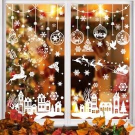 Christmas Window Stickers 244pcs, 9 Sheet White Christmas Window Clings, Double-Sided Merry Christmas Tree Snowflake Window Decals, Reusable Xmas Window Clings Decoration for Xmas Holiday Winter Party
