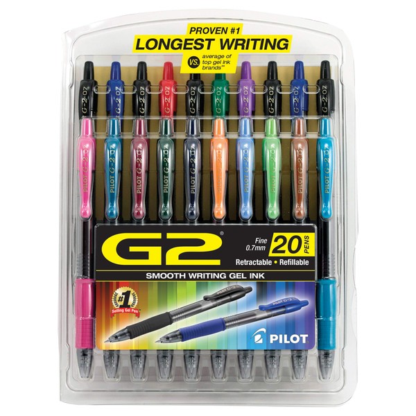Pilot, G2 Premium Gel Roller Pens, Fine Point 0.7 mm, Assorted Colors, Pack of 20
