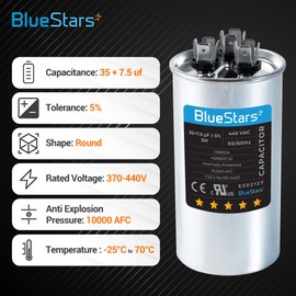 35+7.5 uf MFD ±5% 370 or 440 Volt AC CBB65B Dual Run Round Capacitor Replacement part by Blue Stars - Exact Fit For AC Motor Run or Fan Start and Cool or Heat Pump Air Conditioner - Replaces 97F9830 , TRCFD3575 , Z97F9830 , C33575R , 97F9829 , C43575R , 