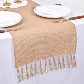 Joanlody Burlap Table Runner Farmhouse Rustic Jute Table Runner Natural Vintage Spring Summer Fall Table Runner for Home Table Decor Dining Living Room 12*90 inches with Tassel