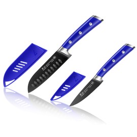 Cangshan S+ Series 1022124 - Juego de cuchillos Santoku de 2 piezas con revestimiento de titanio, acero alemán forjado con fundas, azul atlántico
