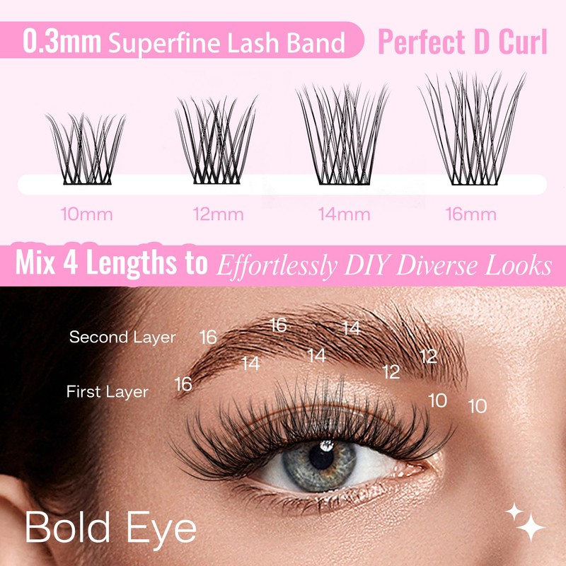 CALAILIS Individual Eyelashes, 132 Pieces, DIY Cluster Eyelashes, D Curl,