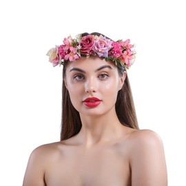 Lofruiin Women's Pastoral Style Rose Flower Wreath Adjustable Rose Flower Crown Beach Party Floral Headpiece (A- Fuchsia)