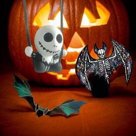 LXQTAO Resin Cute Skull & Acrylic Bat Rearview Mirror Decorations, Gothic Style Car Rearview Mirror Decor Set (Striped Clothes Edition)