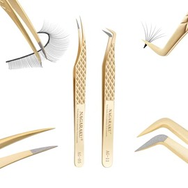 NAGARAKU Fibre Tip Eyelash Tweezers Set 1 Pair Professional Precision Tweezers Stainless Steel Non-Slip Handle Nail Tweezers Separator Tweezers Dolphin & Mega Volume Fan Lash Tweezer (AG-05&AG-11)