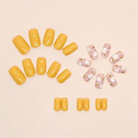 Press on Nails Medium Square Fake Nails with Flower Bee Designs Yellow Nails Press ons Glossy Glue on Nails Nude Acrylic Nails Spring False Nails Artificial Stick on Nails for Women 24Pcs