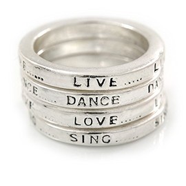 Avalaya Set of 4/ Live, Dance, Love, Sing Message/Stack Rings/Silver Tone/Size 7