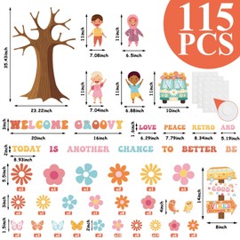 Qyeahkj 115Pcs Groovy Classroom Tree Bulletin Board Decorations Set Motivational Welcome Accents Tree Wall Bulletin Decor Boho Daisy Owls Cut-Outs for Back to School Blackboard Decor Teacher Supplies