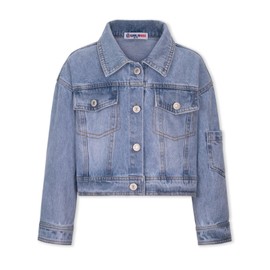 WELAKEN Girls Denim Jacket Button Front Cropped Jean Jacket Coat with Sleeve Pocket, Blue, 12Y