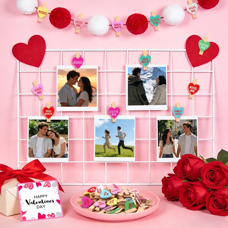 JULBEAR 80Pcs Valentine Wood Clips Conversation Heart Photo Clips
