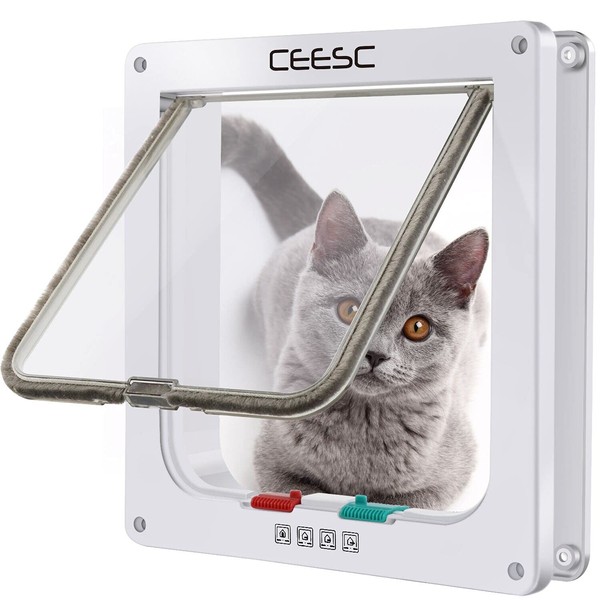 CEESC Cat Flap Door Magnetic Pet Door with 4 Way Lock for Cats, Kitties and Kittens, 2 Sizes and 2 Colors Options (L- Inner Size: 7.08"(W) x 7.48"(H), White)