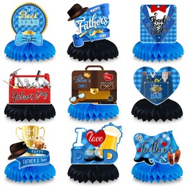 Honeycomb Centerpiece Father's Day Decorations Double Sided Printing Blue Table Centerpieces for Father's Family Birthday Party Decor,Fathers Day Party Supplies, Photo Backdrop 9Pcs Style B