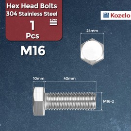 Kozelo 1 Pcs Hex Head Screws Bolts - [M16-2x40] 304 Stainless Grade A2-70 Steel Fully Threaded Hex Tap Metric Hexagon Head Machine Bolts Right Hand External Hex Drive, Silver
