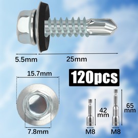 Pack of 120 Trapezoidal Sheet Metal Screws Self-Tapping Screws with Sealing Washer 5.5 x 25 mm + 2 Pieces Hexagonal Bit Socket Wrench Set M8 Spengler Screws Galvanised Drilling Screws Metal Roofing