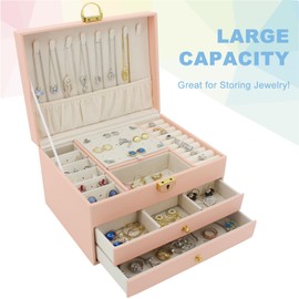 KOOAAICCHI Jewelry Box for Women, 3-Layer Jewelry Organizer, Jewelry Storage Case PU Leather for Earrings, Bracelets, Ring, Necklaces-Pink