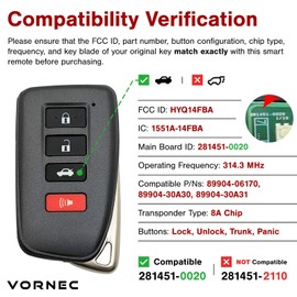 Vornec Smart Car Key Fob Keyless Entry Remote Control Replacement for Lexus ES300h/ES350/GS350/GS450H/GS-F/GS300t G Board 0020 HYQ14FBA 89904-06170