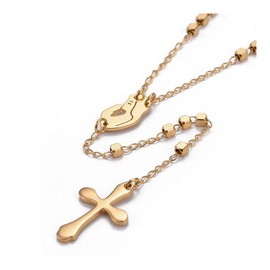 LZD 304 Stainless Steel Rosary Bead Necklace Easter Cross Virgin Mary Gold 21" A387