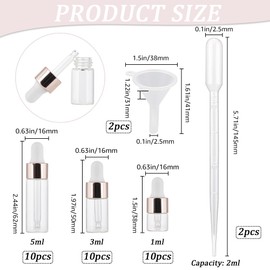 GORGECRAFT 30Pcs Glass Dropper Bottles 5ml 3ml 1ml Empty Mini Bottles with Dropper Pipettes Funnel Rosy Golden Aluminum Alloy Cap Refillable Sample Container Set for Perfume Essential Oil