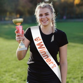 Winner Sash with Rose Gold Foil, White Winner Satin Sash Celebrate in Style at Parties, Contests, Sporting Events and Competitions, Beauty Pageant Gold Sashes, Champion Victor Party Decorations