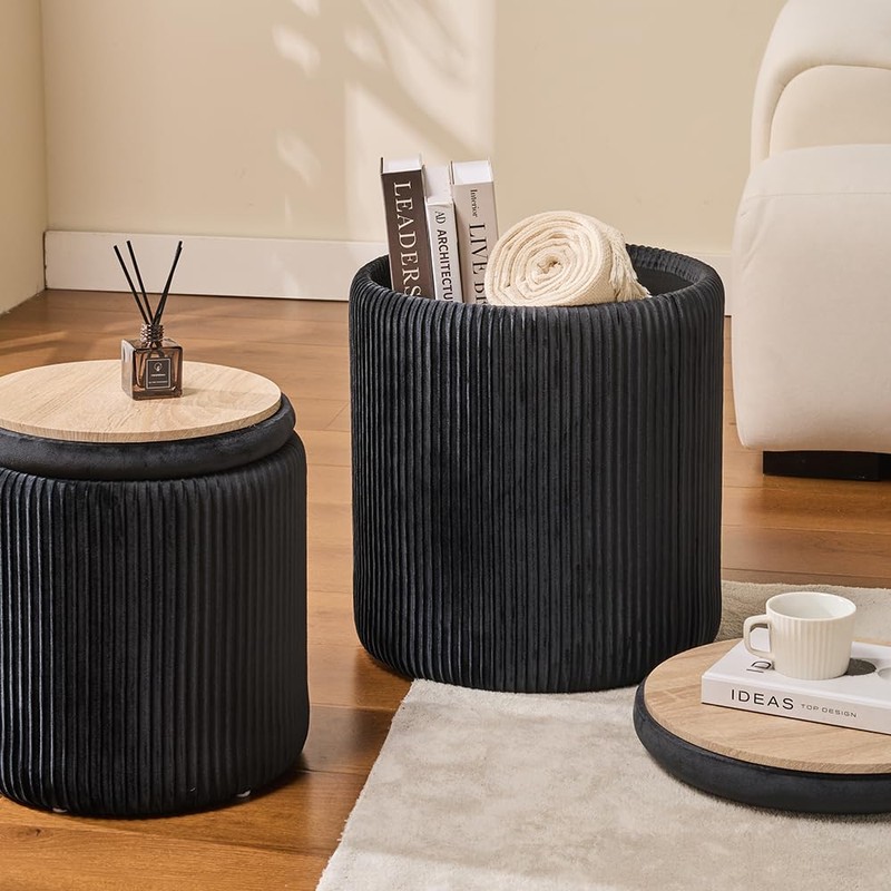 Round Ottoman with Storage Set of 2-Upholstered Sherpa Vanity Stool