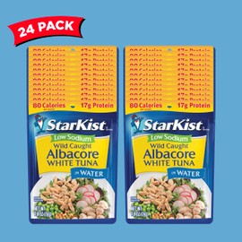 StarKist Low Sodium Albacore White Tuna in Water, 2.6 oz Pouch (24 Pack) Ready to Eat Wild Caught Tuna, 17g Protein, 80 Calories Per Serving, Gluten Free, Soy Free, Kosher, Perfect for Meals & Snacks