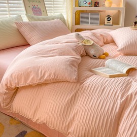 Seersucker Duvet Cover Set Double Size Beddding Set with Pillowcases for Teens Adults Soft Microfiber Polyester Seersucker Bedding, Pink, 200x200cm