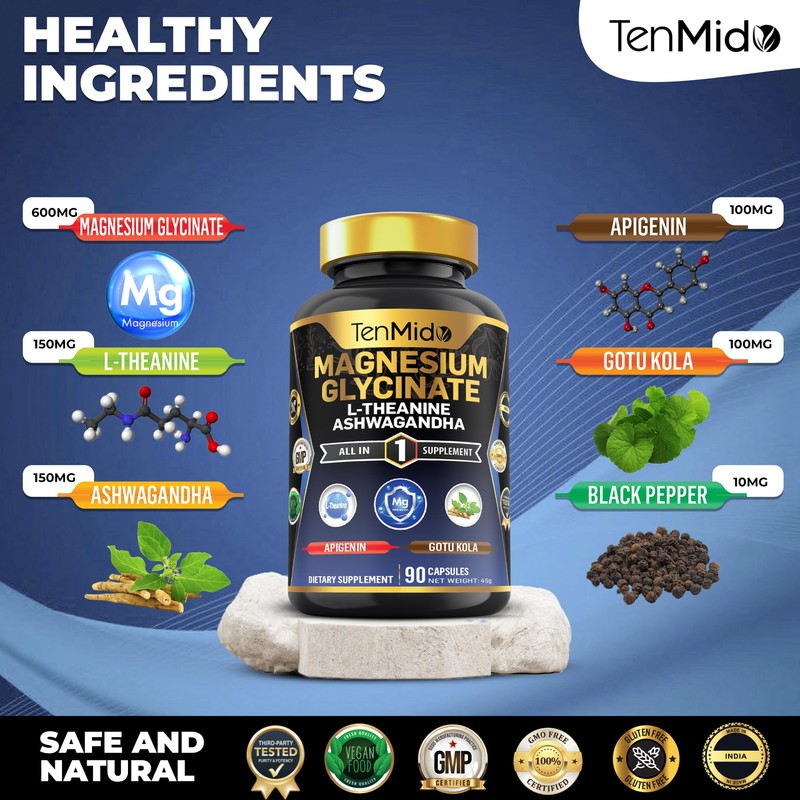 Tenmido Magnesium Glycinate Supplement - 6in1 with Ashwagandha, L-Theanine, Apigenin,