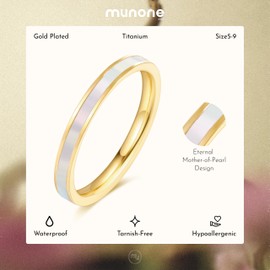 munone Mother of Pearl Abalone Shell Inlay Band Ring for Women, 14k Gold Plated Titanium and Stainless Steel Band Ring