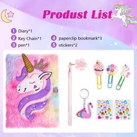 Liyujuping Diary for Girls with Lock and Keys, Fuzzy Journal for Girls, Cute Diary with Lock for Kids to Writing and Drawing, Pink Pen, Multicolored Stickers, Birthday Gift Set (Mermaid)