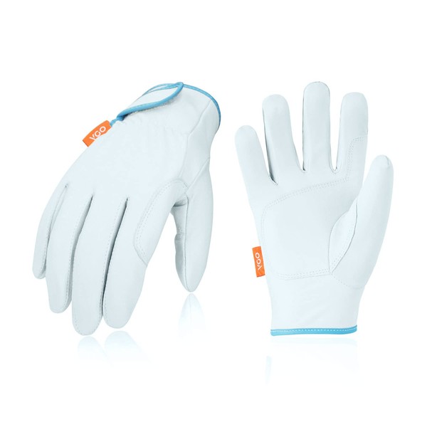 Vgo... CA7136-AB Cowhide Leather Work Gloves, 3 Pairs, Palm Pad, Wear-Resistant, Size M, White