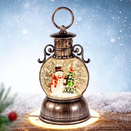 Christmas Snow Globes Lantern Musical,6H Timer Cylinder Glitter Snow Globe,Bronze Snow Globes Christmas with Music Box Including 8 Songs,Lantern with Xmas Tree Snowman Decor