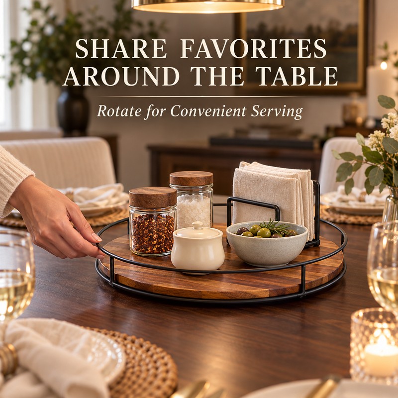Acacia Wood Lazy Susan Turntable, 360° Rotating Kitchen Countertop Organizer