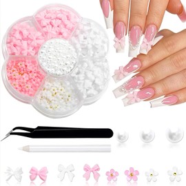 DHWEKU 1000pcs Pink Bow Nail Magic White Bow Knots, Magic for Nail Resin Flatback Nail Beads Flower Charms Valentine's Day Nail Decoration Accessories