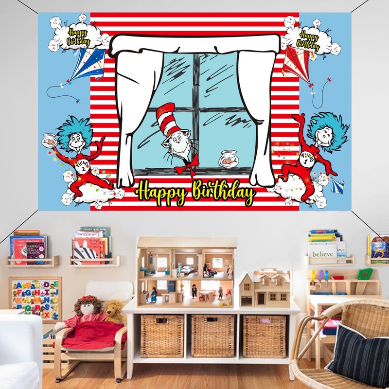 Happy Birthday Backdrop Banner 70.8X43.3 inches, Red and Blue Stripes