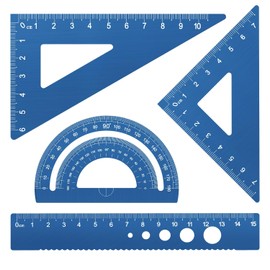 Metal Drafting Ruler, Triangular Ruler Set, 4 Pieces Aluminum Alloy Ruler, Geometric Protractor for Student,Draftsman, Engineers, School Office Supplies(Blue)