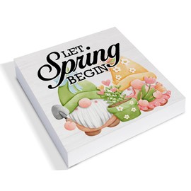 Spring Decor, Rustic Let Spring Begin Wood Sign Gnomes Decorations Tabletop Shelf Desk Home Decor, 5 X 5 Inches