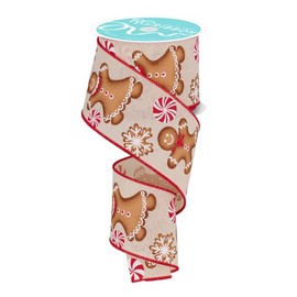 Christmas Gingerbread Cookies & Peppermint Candies Wired Edge Ribbon - 2.5" x 10 Yards (Cream)